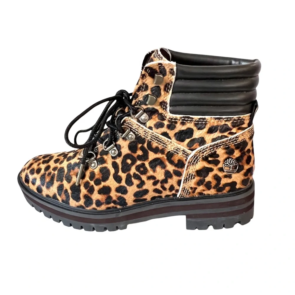 NEW Timberland London Square Cheetah Print Calf Hair Chunky Combat Boots